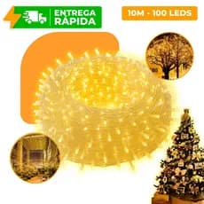 Pisca Pisca 100 LEDs 10m 8 Funções Natal Fio Transparente Branco Quente 127V Cordão Janela Arvore