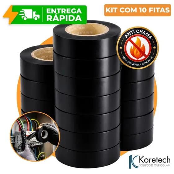 Kit Fita Isolante Antichama Preta 18mm X 5M Alta Resistência Elétrica Fios Cabos Uso Profissional
