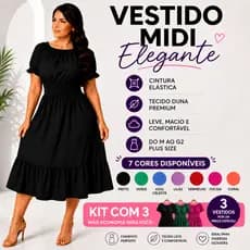 Kit 3 Vestido Midi Feminino Elegante Tecido Duna Cintura Elástica M ao G2 Moda Evangélica