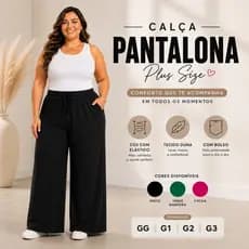 Calça Pantalona Plus Size Feminina Elástico Na Cintura Com Bolso Cintura Alta Tecido Duna Tamanho Grande GG G1 G2 G3 G4