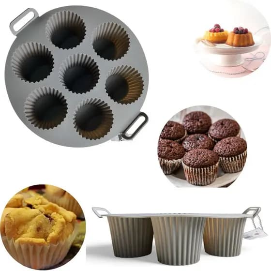 Forma de Silicone 7 Cavidades p/ Mini Bolos, Cupcakes e Airfryer | Antiaderente e Reutilizável