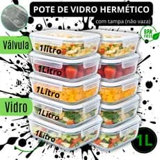 Kit Pote Vidro Hermético 1 Litro com Valvula Suspiro Marmita Air Fryer Freezer Microondas