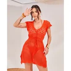 Saída de praia feminina cinturada fenda manga curta tricot crochê moda verão piscina