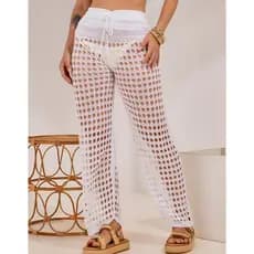Calça Saída de Praia Feminina Tricot Verão com Regulagem Trança Furinhos Trico