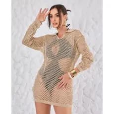 Saída de praia crochê elegante chamise furada manga longa tricot luxo