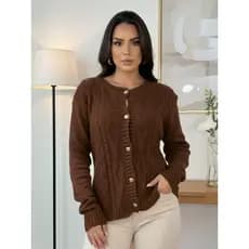 Casaco Cardigan Feminino Tricô Trabalhado com Botões Dourados Casual Elegante