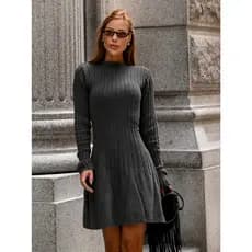 Vestido Manga Longa Curto De Inverno de Mousse Tricot Trico Elegante