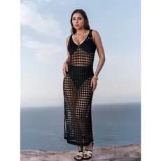 Saída de praia vestido longa com fenda lateral tricot crochê moda piscina banho luxo