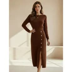 Vestido Midi Tricô Mousse Cintura Marcada Modelagem Slim Elegante Outono Inverno