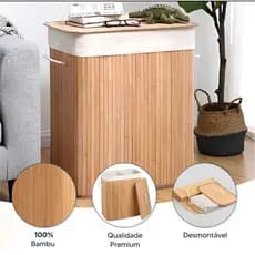 Cesto De Roupas Bambu Retangular Banheiro Lavanderia