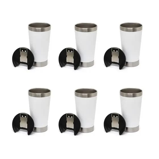 Kit 6 Copos Térmico De Cerveja Café Aço Inox 473ml Com Tampa Branco