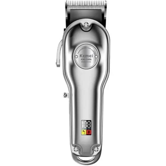 Máquina de Cortar Cabelo Kemei KM-1986 Bivolt Prata Recarregável Com display LCD