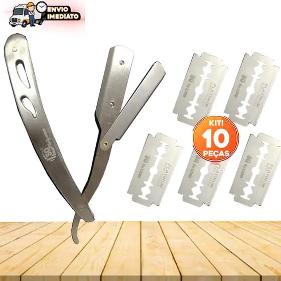 Navalha Navalhete Para Barbeiro Barbe Cabeleireiro Profissional Aço INOX PRATA KIT COM 10 LAMINAS Ativo