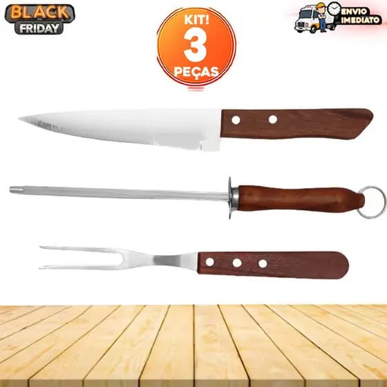 Kit 3 Peças Inox Faca Garfo Chaira Cabo Madeira Churrasco Festa