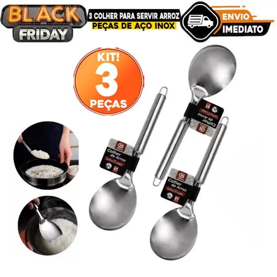 3 Colher para Servir Arroz Tam 26cm Aço Inox Multiuso Utensílio Universal p/ Restaurantes Cozinhas