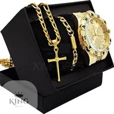 Kit Relógio Masculino Banhado a Ouro 18k Dourado + Corrente em Aço Banhada 18k Masculina + Pulseira e Pingente