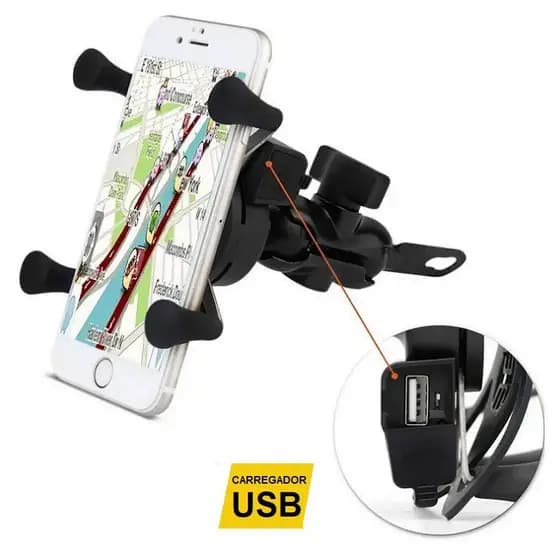Suporte De Celular Para Moto Com Carregador USB e Fixação Segura no Retrovisor com Elástico