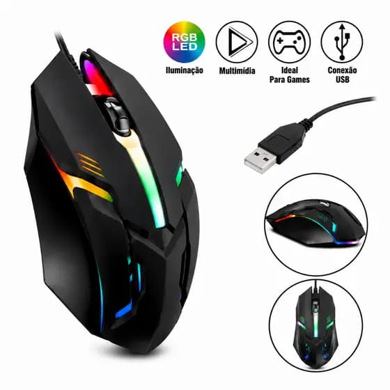 Mouse Gamer 1200dpi Com Fio Usb Led Rgb Profissional Para Jogos Pc, notebook