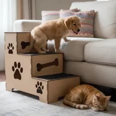 Escadinha Pet Madeira MDF 45cm Carpete Antiderrapante 3 Degraus Gatos Cachorros Desmontável
