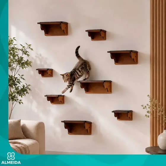 Kit 8 Peças Para Gatos 4 Prateleiras + 4 degraus Gato Parede MDF Pet Playground Suporte 10kg Montado