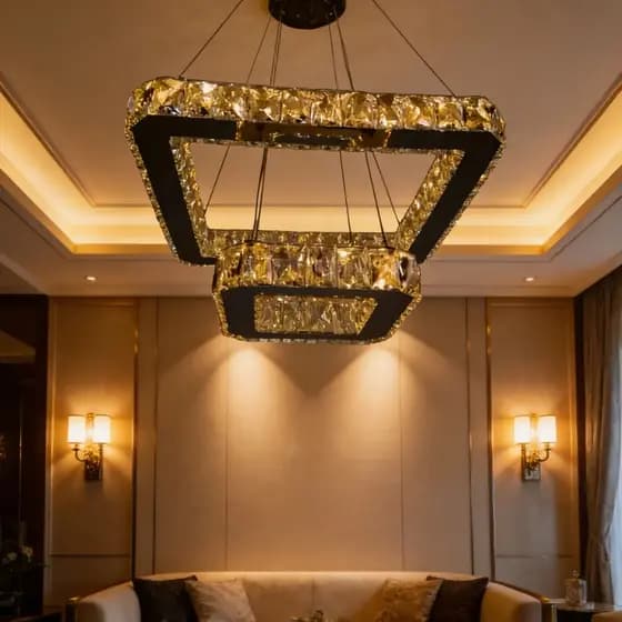 Pendente Led Cristal 2 Anéis Quadrados 56w Bivolt