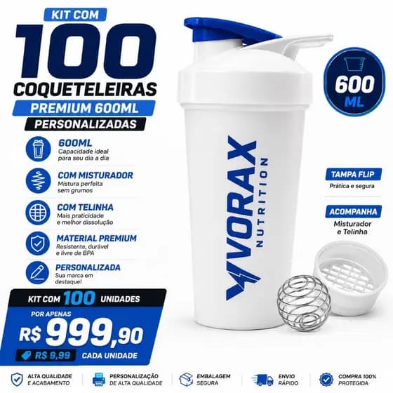 Kit 100 Coqueteleiras Personalizadas 600 ml com misturador + telinha premium, Academia ,Empresas e eventos.