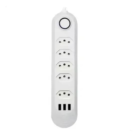 Extensão Elétrica 2m Com 5 Tomadas e 3 Entradas USB com Botão Power Socket Bivolt