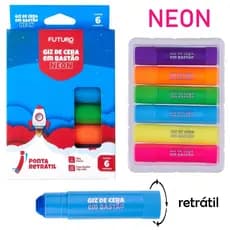 Giz de Cera Retrátil Neon 6 Cores Infantil Escolar Para Colorir Brilhante e Sem Sujeira