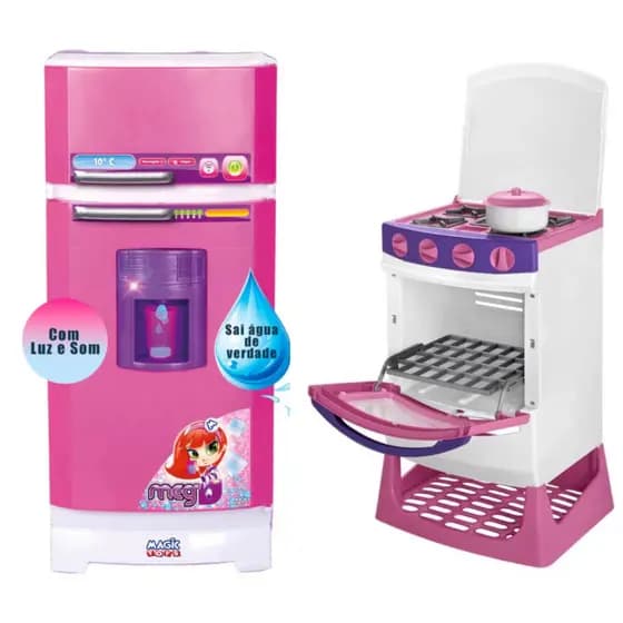 Kit Fogão Infantil com Panelinha e Geladeira Mágica Sai Água de Verdade Cozinha Rosa - Magic Toys