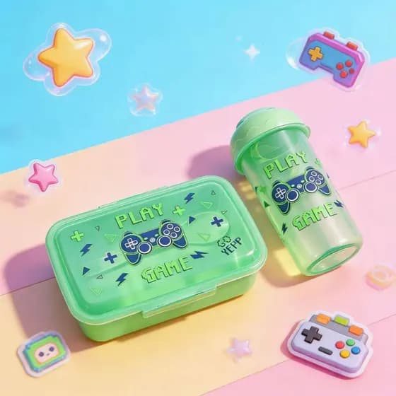 KIT Lancheira Infantil com Copo 330ml e Talher de Plástico – Prático e Resistente