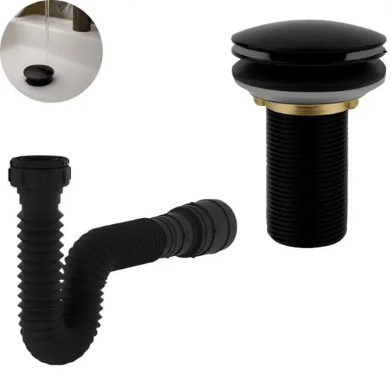 Kit de Banheiro em ABS- Ralo Válvula click 7/8 Preto+ Sifão Flexível Sanfonado Universal