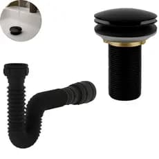 Kit de Banheiro em ABS- Ralo Válvula click 7/8 Preto+ Sifão Flexível Sanfonado Universal