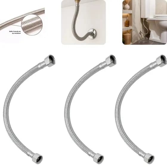 Kit 3 Engate Flexível Trancado Mangueira Flexível Aço Inox 60 Cm agua quente e fria