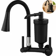 Torneira Gourmet Parede com Filtro Purificador Bica Flexível 2 Jatos 360° Cozinha Preto Fosco
