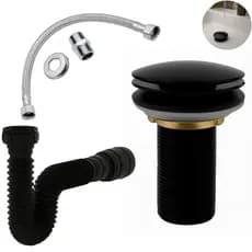 Kit Banheiro  Valvula Ralo Click 7/8+ Engate Flexível 40cm+ Sifão 72cm Preto/ Cromado