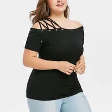 Blusa Plus Size Feminina Preta Manga Curta Ombro a Ombro Malha Premium Com Elasticidade Tamanhos Grande 44 ao G2
