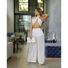 Conjunto Feminino Branco Reveillon Ano Novo Calça Pantalona Em Tule e Croped Com Bojo Varias maneiras de uso Praia Festa