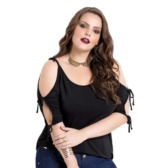 Blusa Preta Tamanho Plus Size Manga 3/4 Ombros vazados Amarração