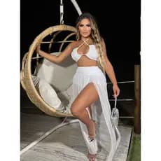 Conjunto Feminino Branco Tule Saia Com Short Por Baixo E Cropped Com Bojo Ano Novo Reveillon Festa Praia Cha Revelação