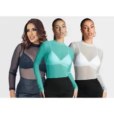 KIT 3 Blusas de Tule Moda Feminina Segunda Pele Transparência Manga Longa e Gola Alta