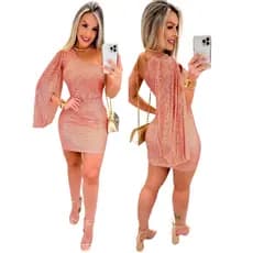 Vestido Tubinho De Festa Feminino Curto Manga Unica Tendencia Balada Brilhoso Luxo Paetê de Festa