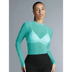 Blusa Cacharrel De Tule Feminina Manga Longa Gola Alta Segunda Pele Transparência