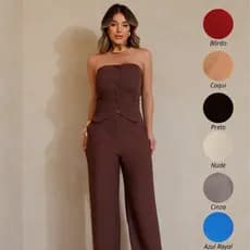 Conjunto Elegante Feminino Calça Pantalona Top Alfaiataria Tomara que Caia