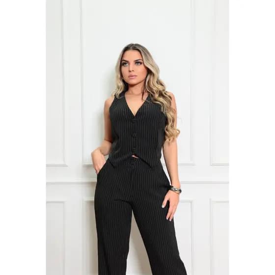 Conjunto Longo Calça/colete Alfaiataria Com Bolso Social