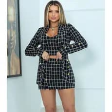 Conjunto Short Saia E Cropped Blazer Terninho Feminino Lindo