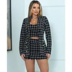 Blazer Cropped E Short Saia Xadrez Conujunto 3 Peças Alfaiataria Premium
