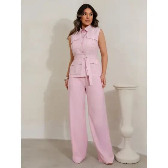 Conjunto Social Feminino Alfaiataria Com Bolsos Colete e Calça Pantalona