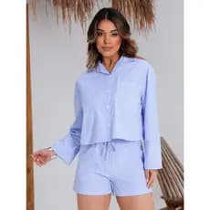 Camisa E Short Feminina Listrado Conjunto Tendência Verão