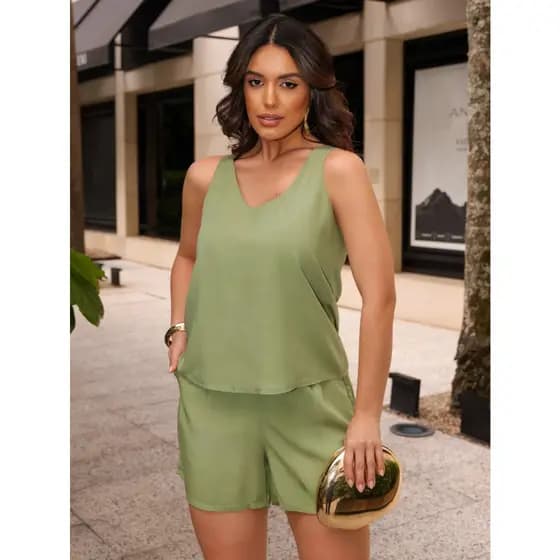 Conjunto Feminino Blusa Regata Decote em V e Shorts Cintura alta Moda Verão Elegante Luxo casual Alfaiataria