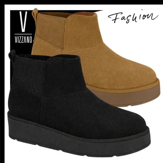 Bota Vizzano Puffer Cano Curto Elástico Calce Fácil Camurça Feminina Plataforma Confortável
